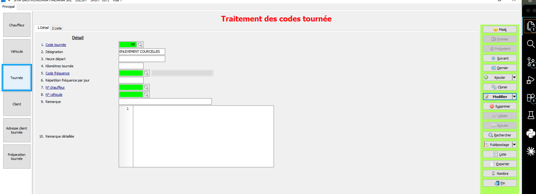 Traitement des codes tournée