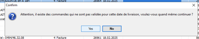 Confirmation validation avec Commandes TEMP