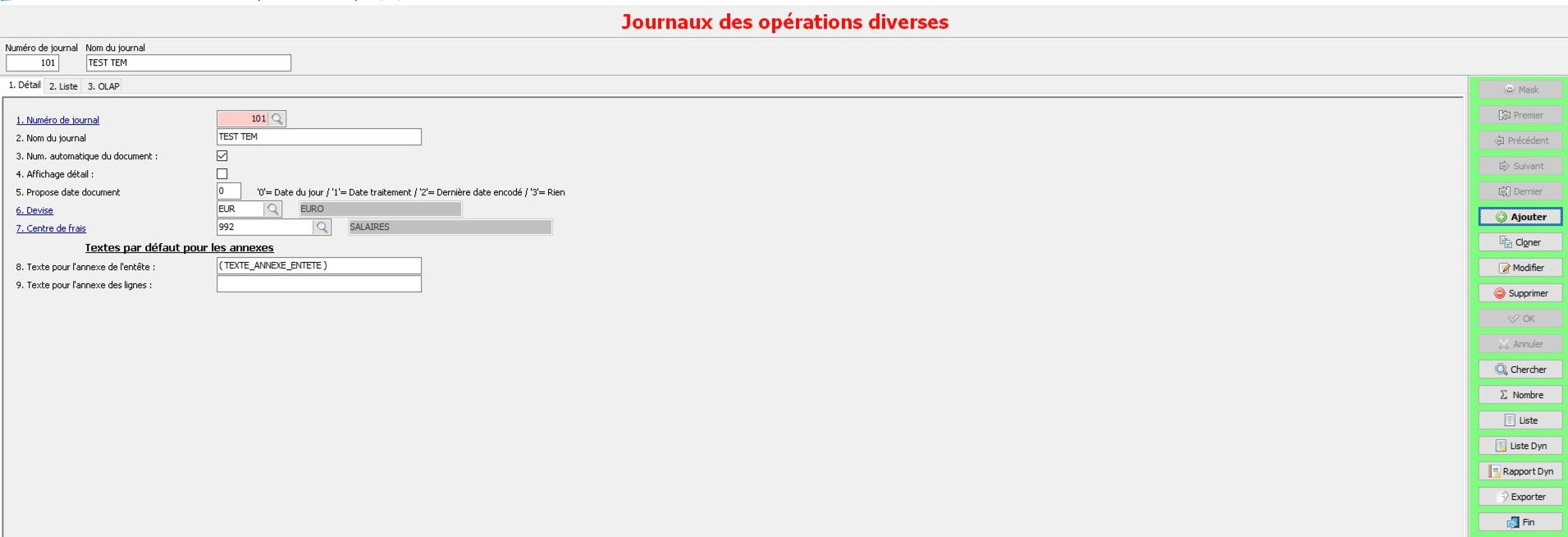 Configuration du journal template