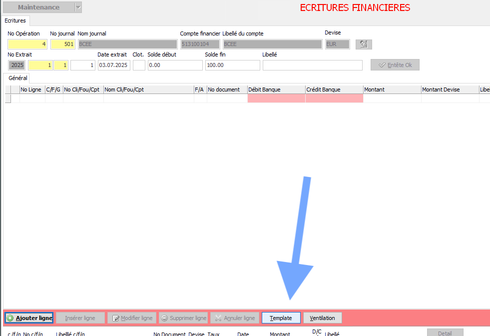 Bouton Template dans l'écran des écritures financières